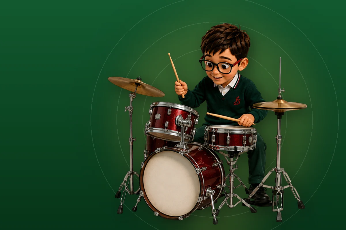 Ilustración de un alumno del colegio tocando la batería